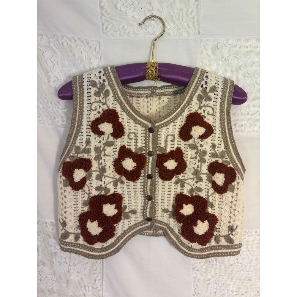 Cream Crochet Open Kint Floral Cottagecore Whimsy Sweater Vest Size M-L